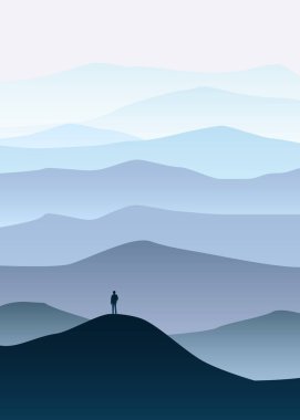 Minimalist dağ manzarası, silüetler, açık dünya, yalnız explorer, ufuk, bakış açısı, vektör, illüstrasyon izole,