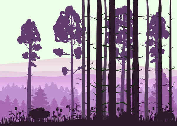 Bos landschap minimalistische illustratie. Dennen bomen silhouetten. Natuur scène. Realistische kleuren achtergrond met silhouetten, bomen, pijnboom, spar, natuur, heuvels, gras en bloemen, milieu, horizon — Stockvector