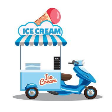 Dondurma sokak gıda sepeti, moped, scooter, kamyonla taze koniler, sopa, kova, şerbet, haddelenmiş dondurma, yumuşak hizmet, donmuş yoğurt, Gelato, Kulfi, sorbe, Faloodeh. Renkli resimde, şirin