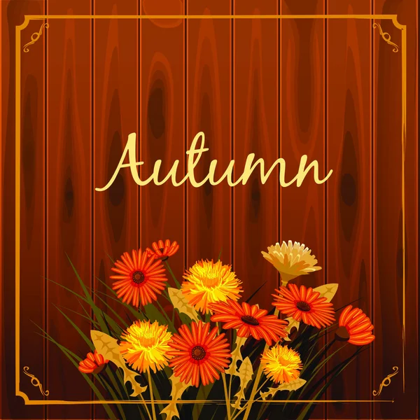 Autumn flowers, Fall, leaves, banner, greeting card, autumn colors, wooden backgfound, template, vector, illustration, isolated — Stock Vector