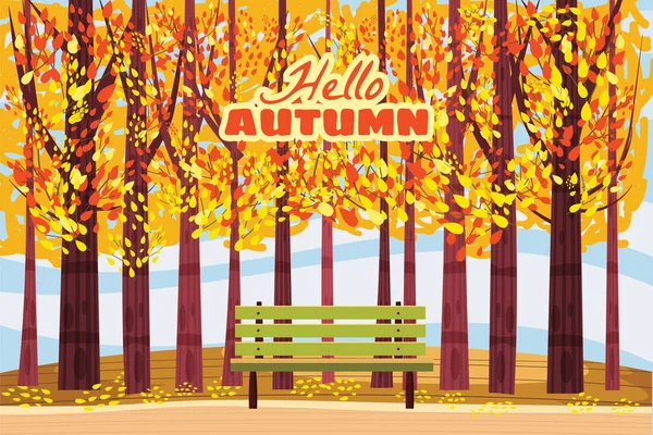 Olá outono, beco de outono, caminho no parque, banco, outono, folhas de outono, humor, cor, vetor, ilustração, estilo dos desenhos animados, isolado —  Vetores de Stock