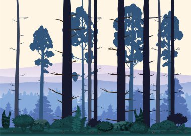 Cartoon illustration of background forest. Bright forest woods, silhouttes, trees with bushes, ferns and flowers. For design game, apps, websites. Vector, cadroon style, isolated clipart