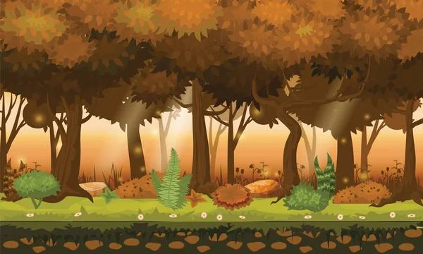 Illustration de dessin animé de la forêt de fond. Bois de forêt lumineux, silhouttes, arbres avec buissons, fougères et fleurs. Pour le jeu de conception, applications, sites Web. Vecteur, style cadroon, isolé — Image vectorielle