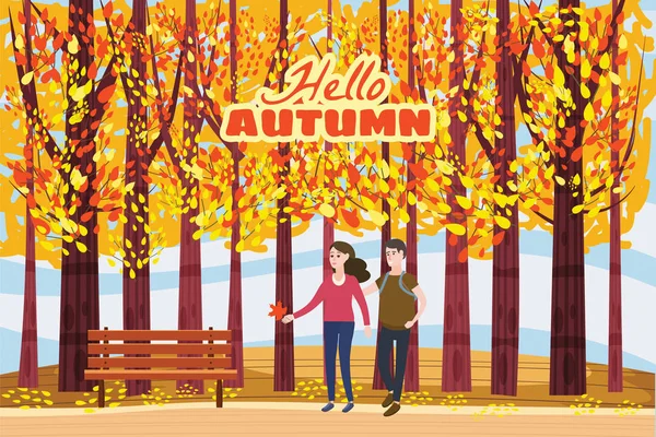 Outono beco, casal cara e menina personagens andando ao longo do caminho no parque, outono, folhas de outono, humor, cor, vetor, ilustração, estilo dos desenhos animados, isolado —  Vetores de Stock