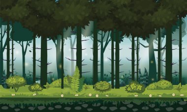 Arka plan orman karikatür çizimi. Parlak orman ormanda, silhouttes, ağaçlar çalılar, eğrelti otları ve çiçekler. Tasarım oyunu, uygulamalar, Web siteleri için. İzole vektör, cadroon tarzı,