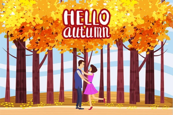 Ciao autunno, Autunno vicolo, coppia ragazzo e ragazza personaggi incontrato il percorso nel parco, autunno, foglie autunnali, umore, lettering, colore, vettore, illustrazione, stile cartone animato, isolato — Vettoriale Stock