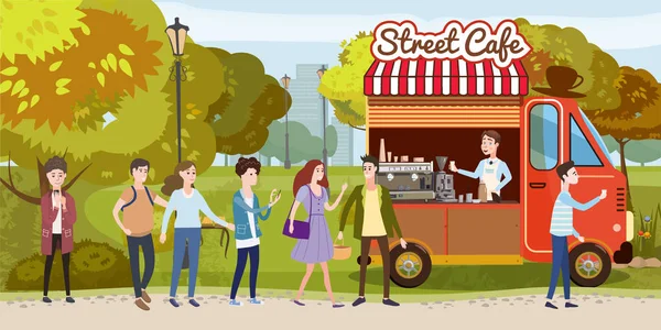 Coffee track, van, cart, barista, track, happy people stand in line for coffee in park, man and women, different characters, outdoor, street food, autumn, vector, illustration, indigented cartoon style — стоковый вектор