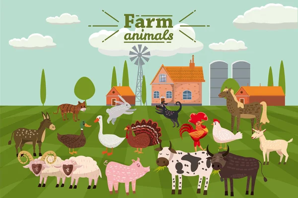 Farm állatok és madarak aranyos trendi stílusú, ló, tehén, szamár, juh, kecske, sertés-, nyúl, kacsa, liba, pulyka, kakas, ram, kutya, macska, bika, csirke, elszigetelt vidéki táj, beleértve a mezőgazdasági — Stock Vector