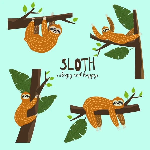Set Cute funny sloth hanging on the tree. Sleepy and happy. Adorable hand drawn cartoon animal illustration. Vector cute sloth for greeting card, invites, poster, banner, t-shirt print, background — Stock Vector