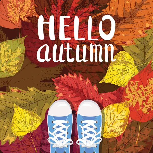 你好秋天, 刻字, 运动鞋, 鞋子在秋天叶子, 秋天叶子, 秋天心情, 言情, 媒介, 例证, 卡片, 隔绝 — 图库矢量图片