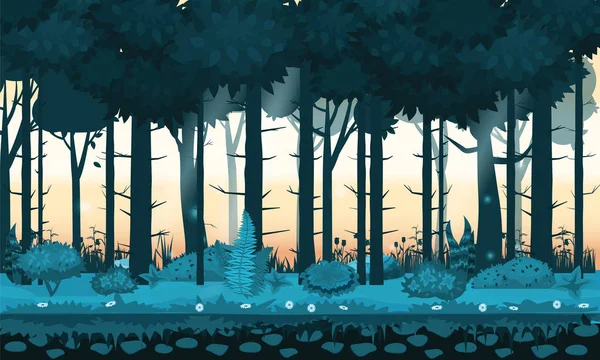 Peri orman. Parlak orman ormanda, silhouttes, ağaçlar çalılar, eğrelti otları ve çiçekler. Tasarım oyunu, uygulamalar, Web siteleri için. İzole vektör, cadroon tarzı,
