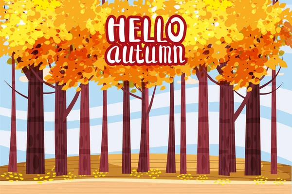 Hola otoño, Callejón de otoño, camino en el parque, otoño, hojas de otoño, letras, estado de ánimo, color, vector, ilustración, estilo de dibujos animados, aislado — Vector de stock