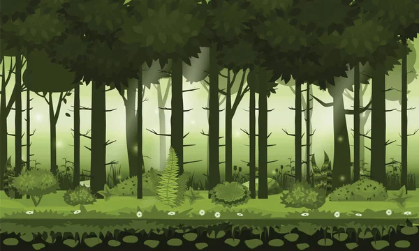 Νεράιδα του δάσους. Φωτεινό δάσος δάσος, silhouttes, δέντρα με θάμνους, φτέρες και λουλούδια. Για το σχεδιασμό παιχνίδι, εφαρμογές, τοποθεσίες Web. Φορέα, cadroon στυλ, απομονωμένο — Διανυσματικό Αρχείο