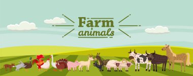 Çiftlik hayvanları ve trendy sevimli stil, at, inek, eşek, koyun, keçi, domuz, tavşan, ördek, kaz, Türkiye, horoz, ram, köpek, kedi, boğa ve tavuk, izole kırsal manzara üzerinde de dahil olmak üzere belirlenen kuşlar çiftlik