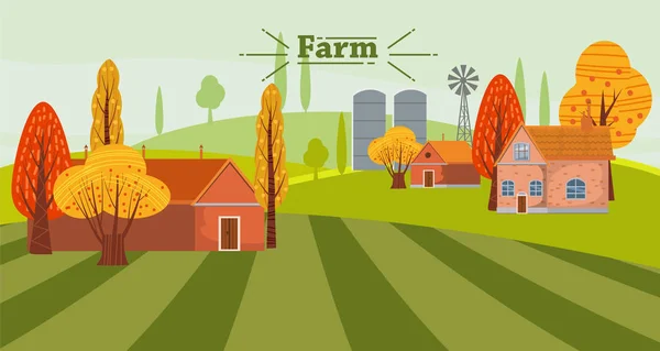 Cute Eco Pertanian konsep lanskap, dengan rumah dan pertanian outbuilding, musim gugur. Vektor ilustrasi, terisolasi - Stok Vektor