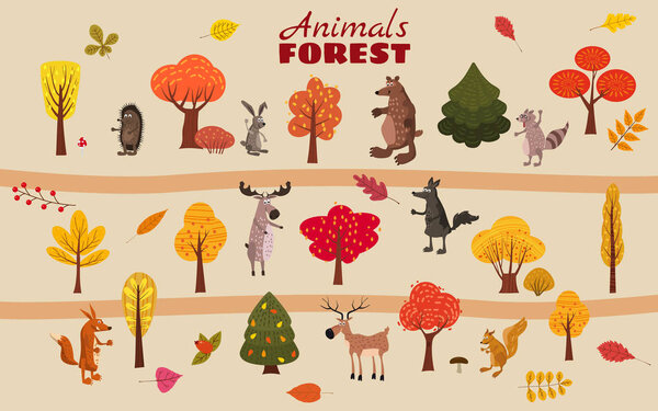 Set of cute forest animals bear, raccoon, squirrel, hare, fox, wolf, hedgehog, moose, deer, autumn leaves trees, trend modern style, vector, illustration, isolated