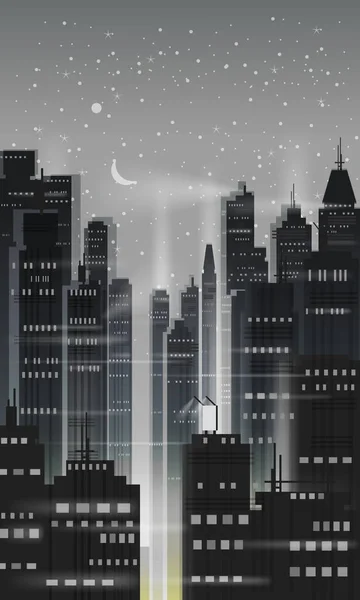Città di notte, scena di città, grattacieli, torri, cielo stellato, luci, orizzonte, prospettiva, sfondo, vettore, isolato — Vettoriale Stock