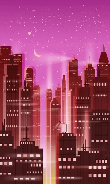 Cidade noturna, cena da cidade, arranha-céus, torres, céu estrelado, luzes, horizonte, perspectiva, fundo, vetor, isolado — Vetor de Stock
