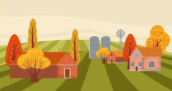 Farm modern flat cartoon design style vector illustration on green background with place for text. A countryside rural landscape autumn with a barn, windmill, haystacks, pond, silage towers, isolated — Stock Vector