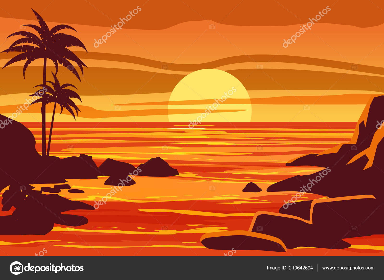 Beau Coucher De Soleil Tropical Paysage Palmiers Mer