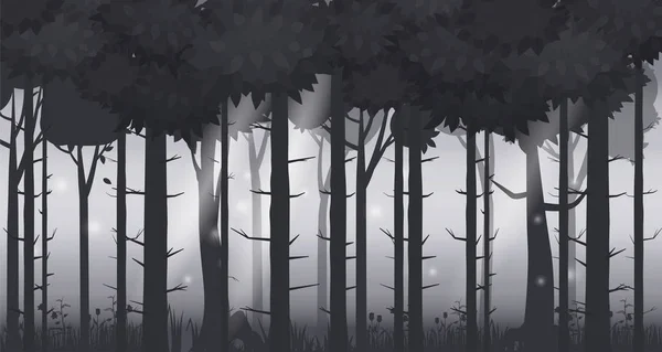 Cartoon illustration of background forest (en inglés). Bosques brillantes, silhouttes, árboles con arbustos, helechos y flores. Para juegos de diseño, aplicaciones, sitios web. Vector, estilo cadroon, aislado — Archivo Imágenes Vectoriales