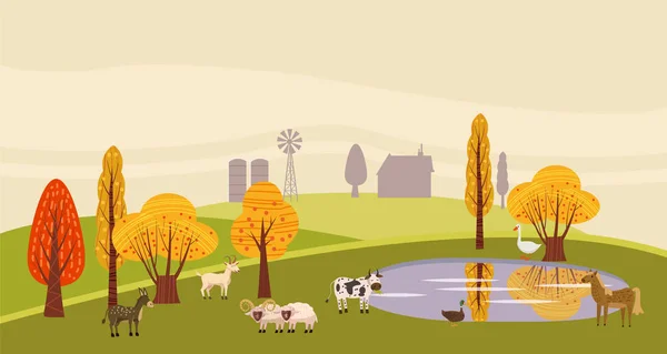 A countryside rural landscape lake, utumn with animals, barn, windmill, haystacks, pond, silage towers, isolated. Farm modern flat cartoon design style vector illustration on green background with