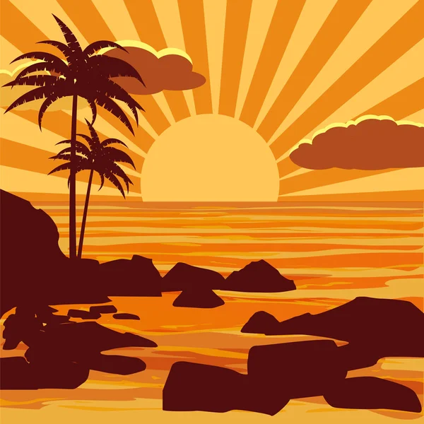 Atardecer hermoso tropical, paisaje, palmeras, mar, piedras, vector, estilo de dibujos animados, ilustración aislada — Vector de stock