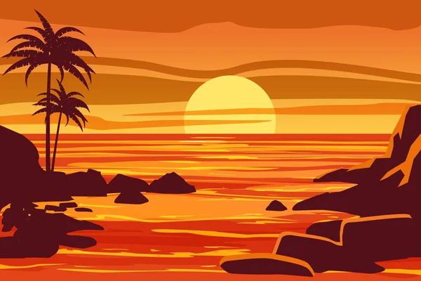 Tropische prachtige zonsondergang, landschap, palmen, zee, stenen, vector, cartoon stijl, illustratie geïsoleerd — Stockvector