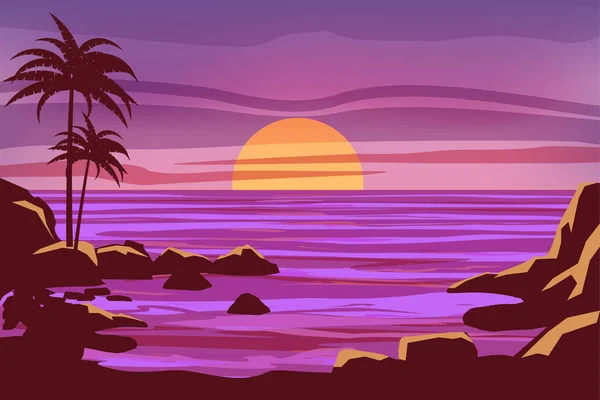 Pôr do sol bonito tropical, paisagem, palmas das mãos, mar, pedras, vetor, estilo dos desenhos animados, ilustração isolada — Vetor de Stock