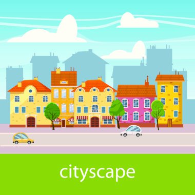 Şirin cityscape, güzel evler, karikatür tarzı, izole, vektör, illüstrasyon