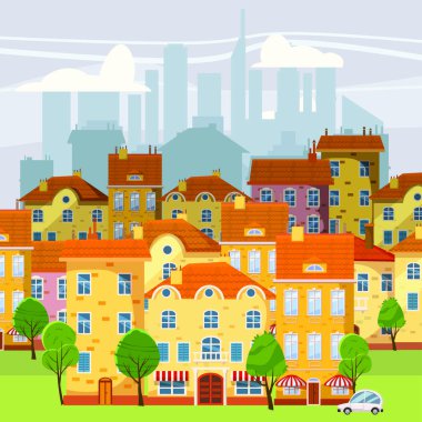 Şirin cityscape, güzel evler, karikatür tarzı, izole, vektör, illüstrasyon