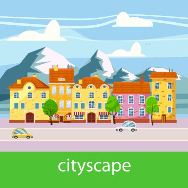 Şirin cityscape, güzel evler, karikatür tarzı, izole, vektör, illüstrasyon