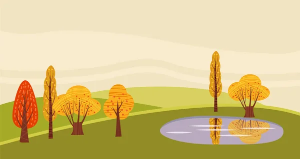 Деревенский пейзаж озера, утони с, сарай, ветряная мельница, стог сена, пруд, силосные башни, изолированные. Векторная иллюстрация в стиле современного плоского мультфильма на зеленом фоне с местом для — стоковый вектор