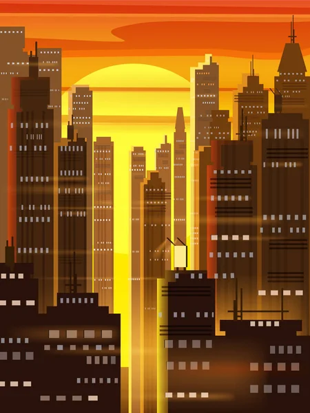 Atardecer ciudad, escena de la ciudad, rascacielos, torres, cielo estrellado, luces, horizonte, perspectiva, fondo, vector, aislado — Vector de stock