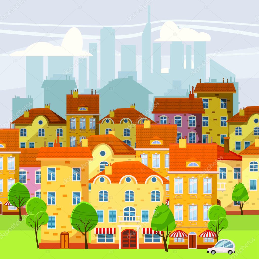 Cute cityscape, beautiful houses, cartoon style, isolated, vector, illustration