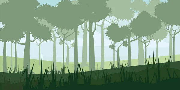 Contexto da paisagem com floresta decídua profunda. Estilo dos desenhos animados. Vetor, ilustratoína —  Vetores de Stock