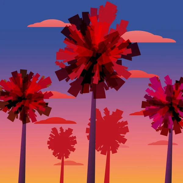 Lever de soleil tropical au bord de la mer, paysage marin avec palmiers, illustration minimaliste. Paysage marin lever ou coucher du soleil. Fond vectoriel, isolé — Image vectorielle