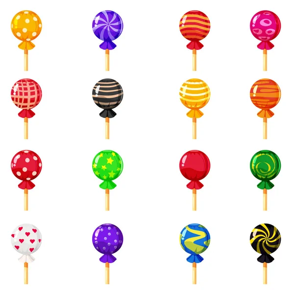 Um conjunto de doces coloridos, pirulito, caramelo, várias cores brilhantes. Doces, vetor, isolado, estilo cartoon —  Vetores de Stock