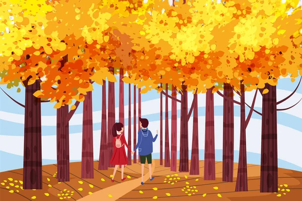 Γεια σας το φθινόπωρο, φθινόπωρο σοκάκι, ζευγάρι τύπος και το κορίτσι χαρακτήρες περπάτημα κατά μήκος της διαδρομής στο πάρκο, πτώση, το φθινόπωρο τα φύλλα, διάθεση, χρώμα, διάνυσμα, εικονογράφηση, κινούμενα σχέδια στυλ, απομονωμένο — Διανυσματικό Αρχείο