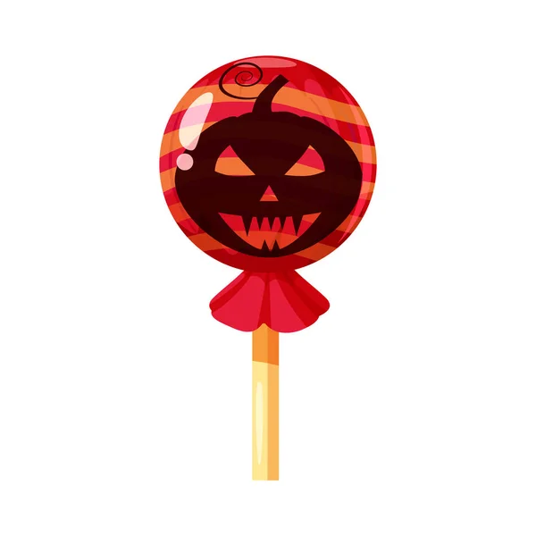 Bonbons colorés, sucette, bonbons durs, fête d'Halloween au caramel. Couleur rouge avec des éléments de la fête Halloween, Citrouille Jack Lamp caractère. Vecteur, isolé, style dessin animé — Image vectorielle