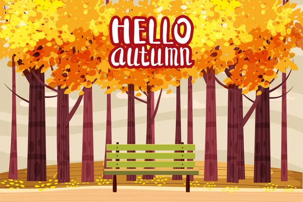 Hola ilustración a color otoño. En el diseño de la postal del parque. Caminata al aire libre. Banner de dibujos animados de otoño temprano paisaje. Parque de árboles de fuego de otoño. Vector — Vector de stock