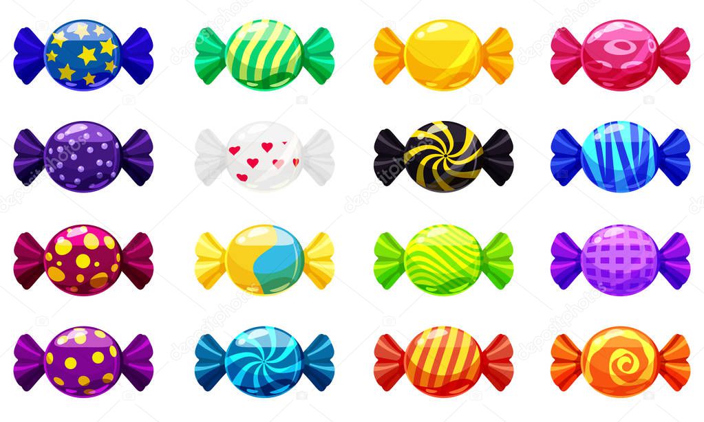 A set of colored candies, lollipop, caramel, various bright colors. Sweets, vector, isolated, cartoon style