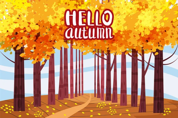 Hola ilustración a color otoño. En el diseño de la postal del parque. Caminata al aire libre. Banner de dibujos animados de otoño temprano paisaje. Parque de árboles de fuego de otoño. Vector — Vector de stock
