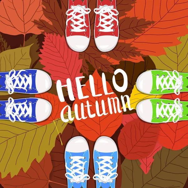 Hello autumn color illustration. Persons feet standing in sneakers on yellow, red, green fallen leaves. Hand drawn lettering. Early fall postcard. Walk in park. Autumn time vector cartoon banner — Stock Vector