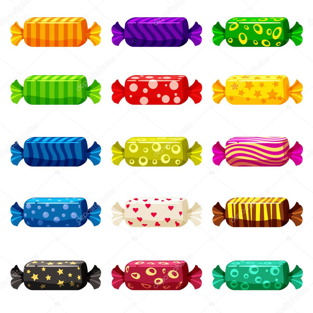 A set of colored sweets in a bright festive package of various bright colors. Sweets, vector, isolated, cartoon style