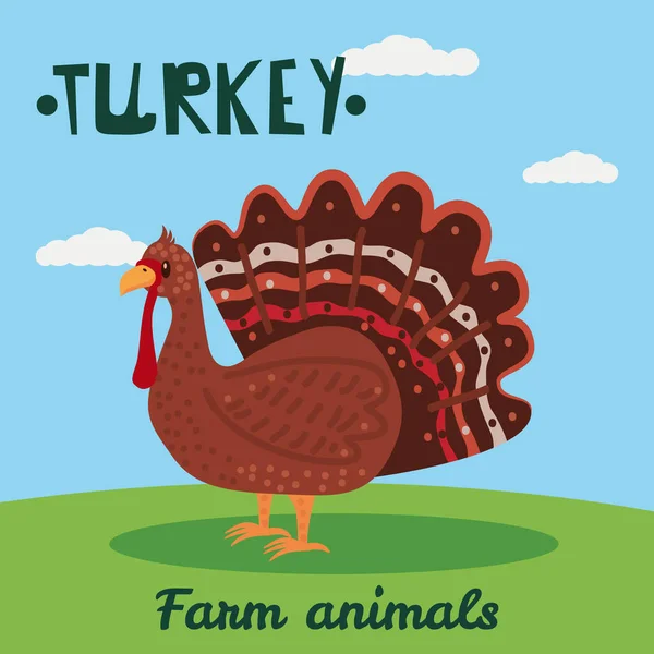 Mignon caractère animal de ferme de la Turquie, animaux de ferme, illustration vectorielle sur fond de champ. Cartoon style, isolé — Image vectorielle