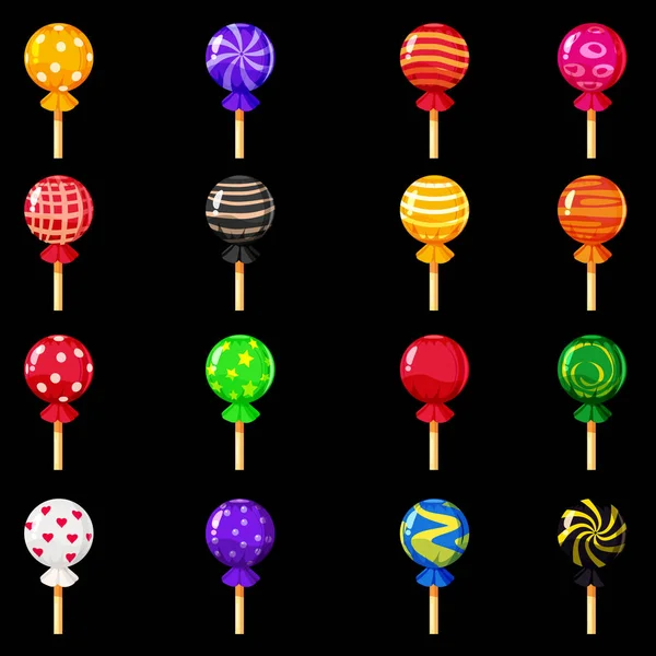 Um conjunto de doces coloridos, pirulito, caramelo, várias cores brilhantes. Doces, vetor, isolado, estilo cartoon —  Vetores de Stock