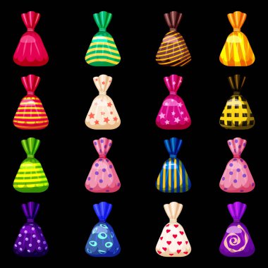 Parlak bir şenlikli paket çeşitli parlak renk renkli tatlılar kümesi. İzole, tatlılar, vektör, karikatür tarzı