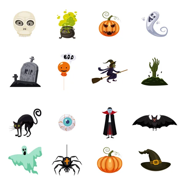 Conjunto de fiesta de Halloween, colección de atributos calavera de Halloween, vampiro, caldero de bruja, bruja en la escoba, murciélago, calabaza, zombi, ojo, tumba, gato negro, droga, fantasma, araña, iconos, vector, dibujos animados — Vector de stock