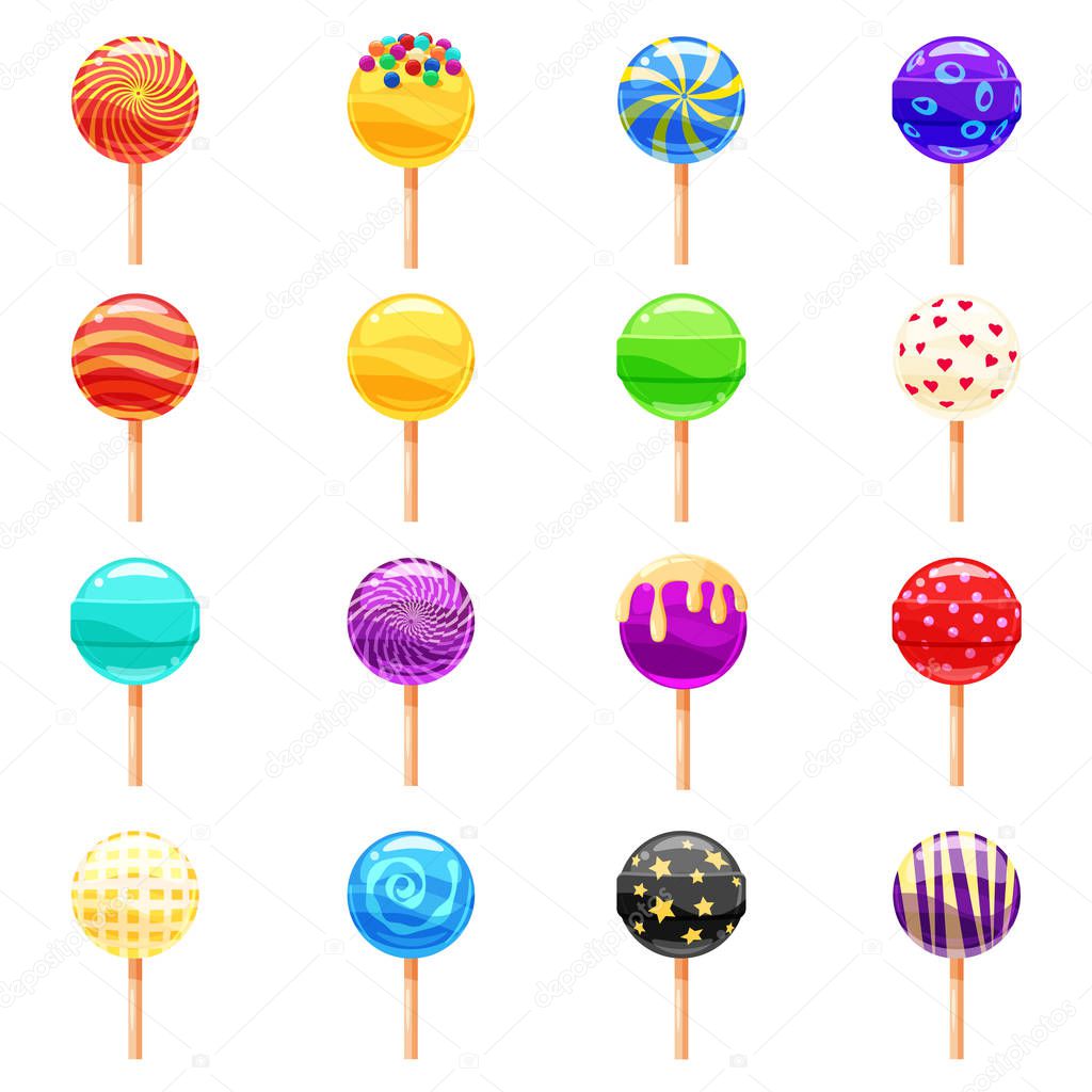 A set of colored candies, lollipop, caramel, various bright colors. Sweets, vector, isolated, cartoon style